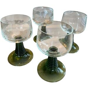 Vintage Green Stem Roemer Glasses Set of 4 Etched & Plain Wine Goblets